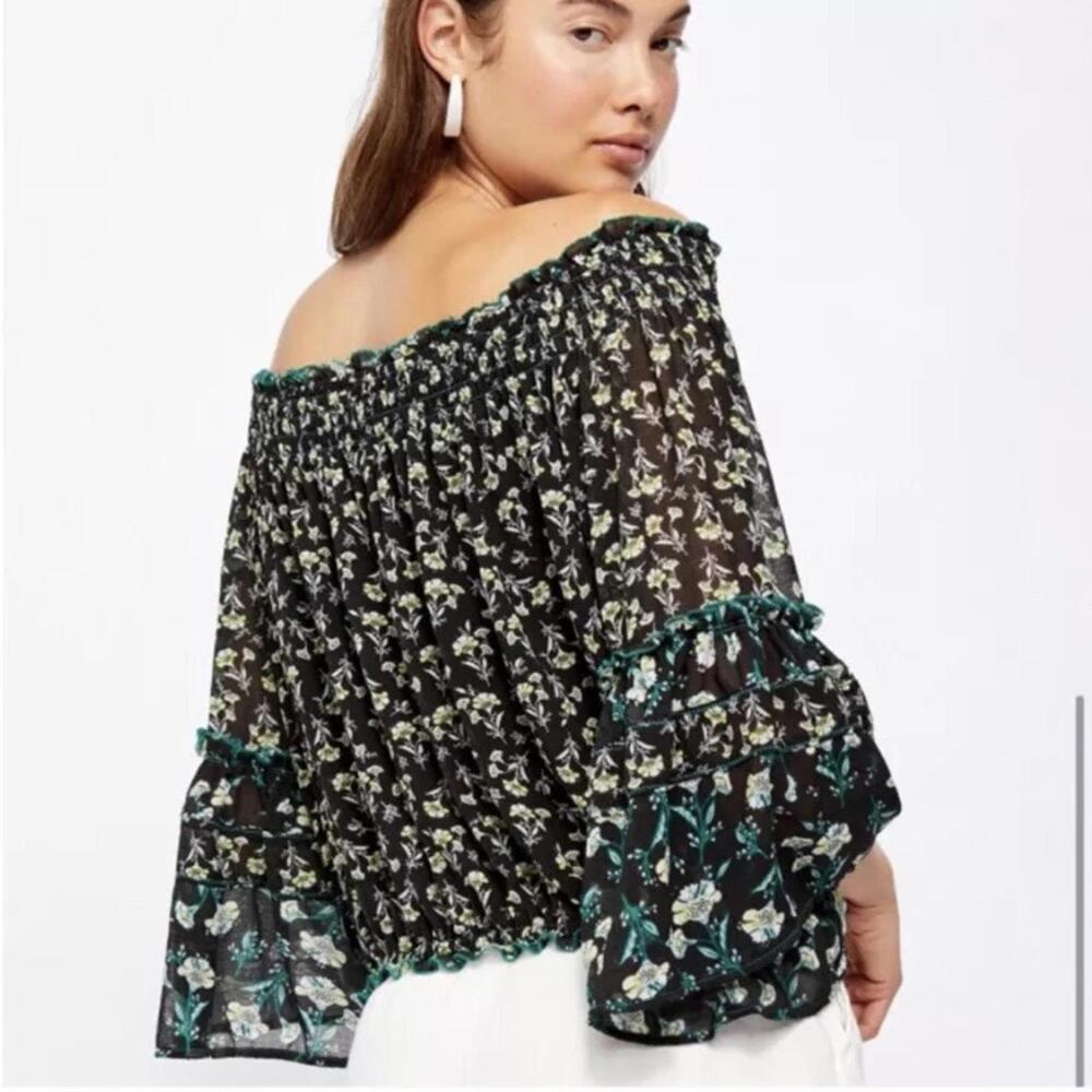 Free People Rose Valley Black Floral Off Shoulder Crop Blouse Top- Size Medium - Picture 4 of 8